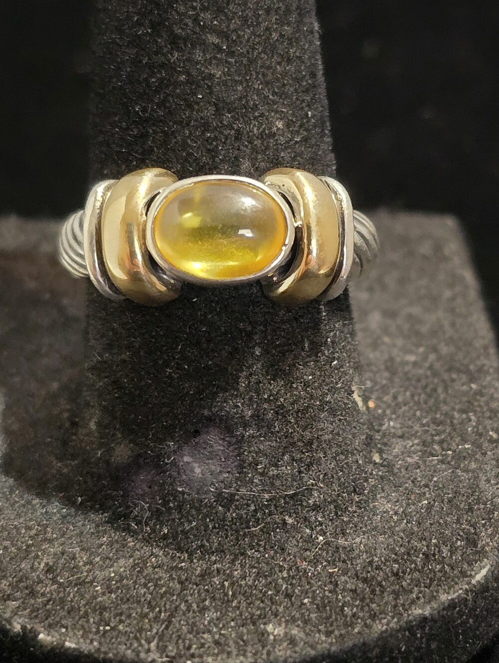 Vtg 'Jeffrey Levin' Sterling Silver/18k Gold Yellow Stone Cabochon Ring Size 7